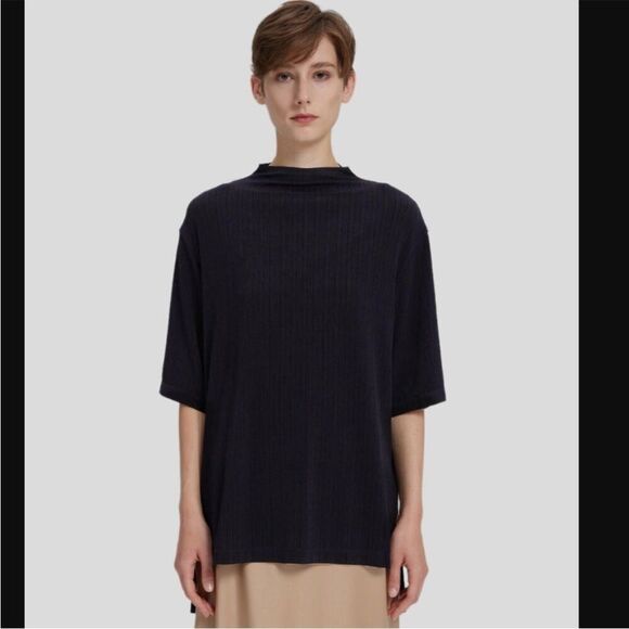 lattelier Tops - Lattelier High Standing Mock Neck Collar Top Ribbed High Low Short Sleeve